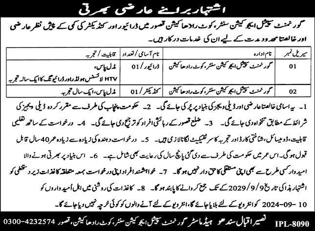 Government Special Education Centre Kasur Jobs 2024 – Special Education Department Punjab Jobs 2024 — original advertisement