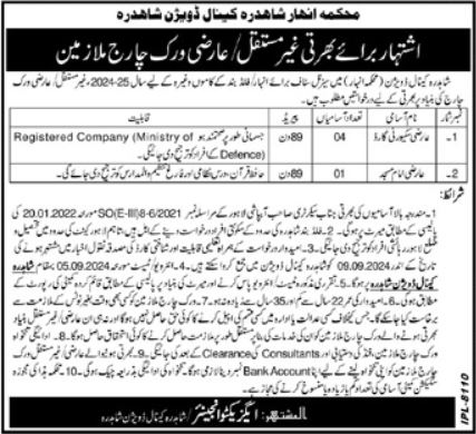 Canal Division Shahdara Lahore Jobs 2024 – Irrigation Department Punjab Jobs 2024 — original advertisement