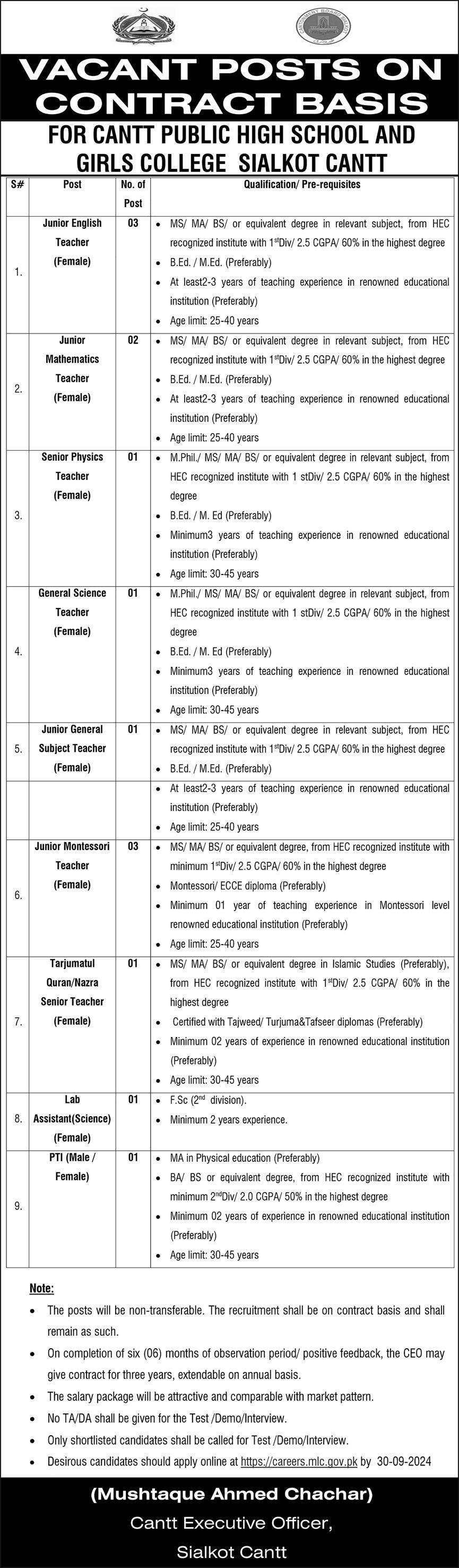 Cantt Public High School And Girls College Sialkot Jobs 2024 – Federal Govt Educational Institutes Cantts and Garrisons Jobs 2024 — original advertisement