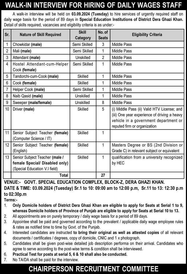 Special Education Institution SEI Dera Ghazi Khan Jobs 2024 – Special Education Department Punjab Jobs 2024 — original advertisement