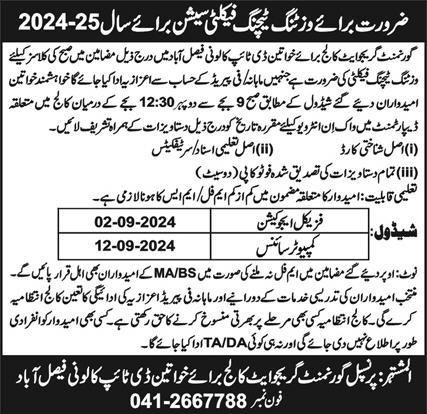 Government Graduate College For Women Faisalabad Jobs 2024 – Government Graduate College For Women Lahore Jobs 2024 — original advertisement