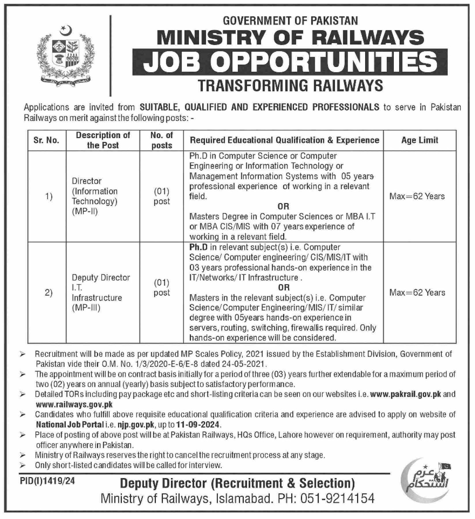 Ministry Of Railways Islamabad Jobs 2024 Jobs 2024 — original advertisement