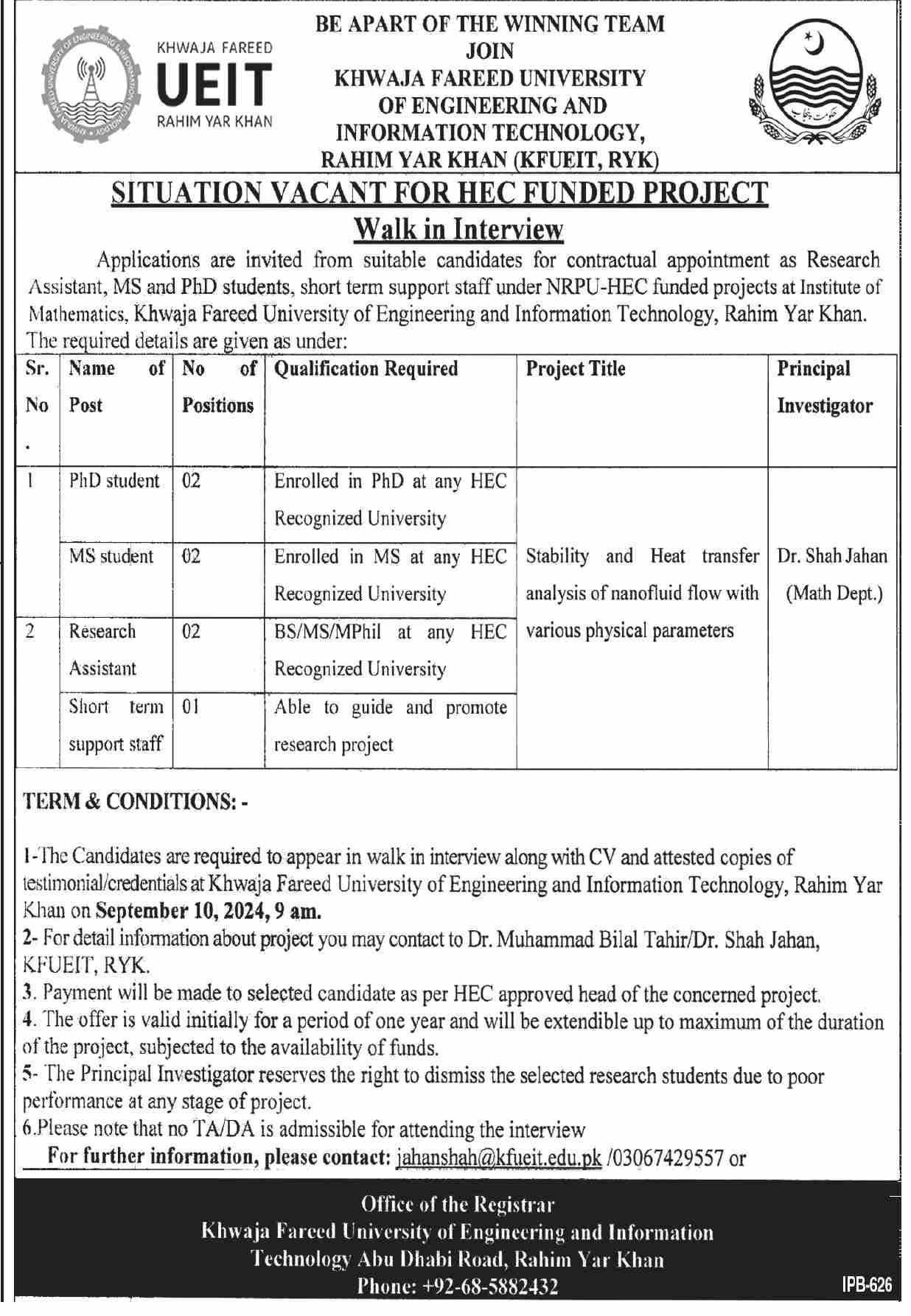 Khwaja Fareed UEIT Rahim Yar Khan Jobs 2024 – Khawaja Fareed University of Engineering and Information Technology Jobs 2024 — original advertisement