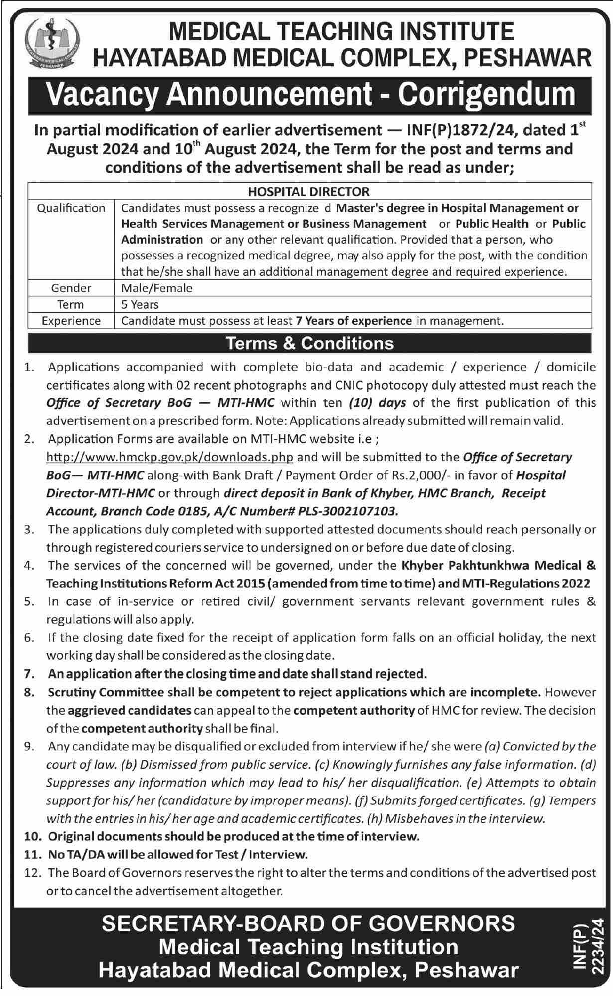 Medical Teaching Institution MTI Peshawar Job 2024 – Medical Teaching Institute MTI Khyber Teaching Hospital Peshawar Kpk Jobs 2024 — original advertisement