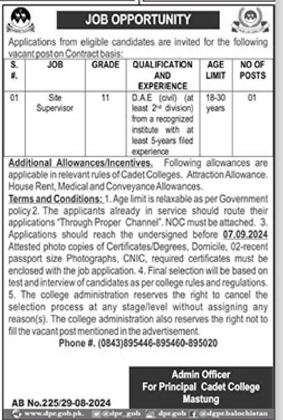 Cadet College Mastung Balochistan Jobs 2024 Jobs 2024 — original advertisement