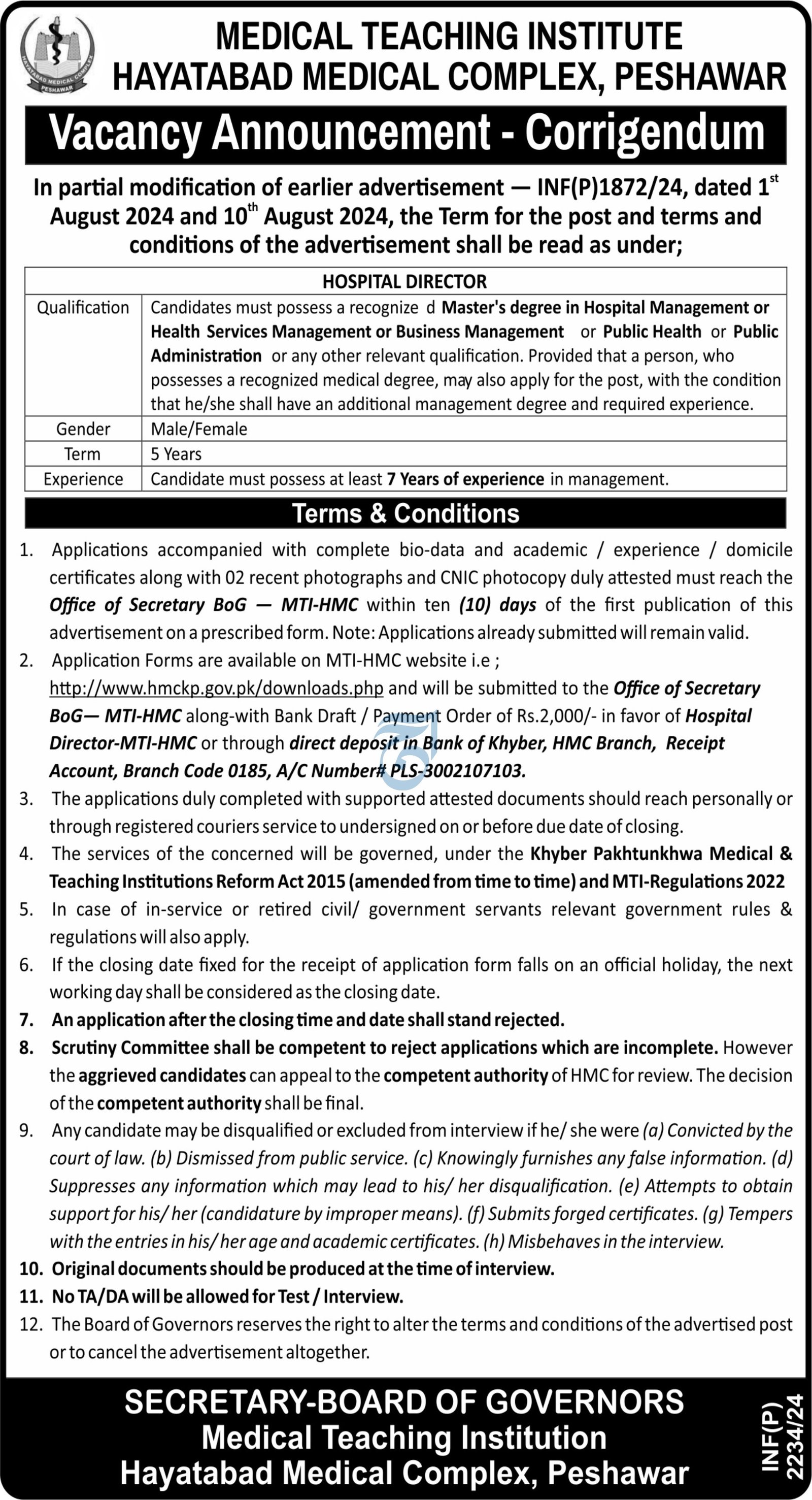 Hayatabad Medical Complex HMC Jobs 2024 – Hayatabad Medical Complex Peshawar Jobs 2024 — original advertisement