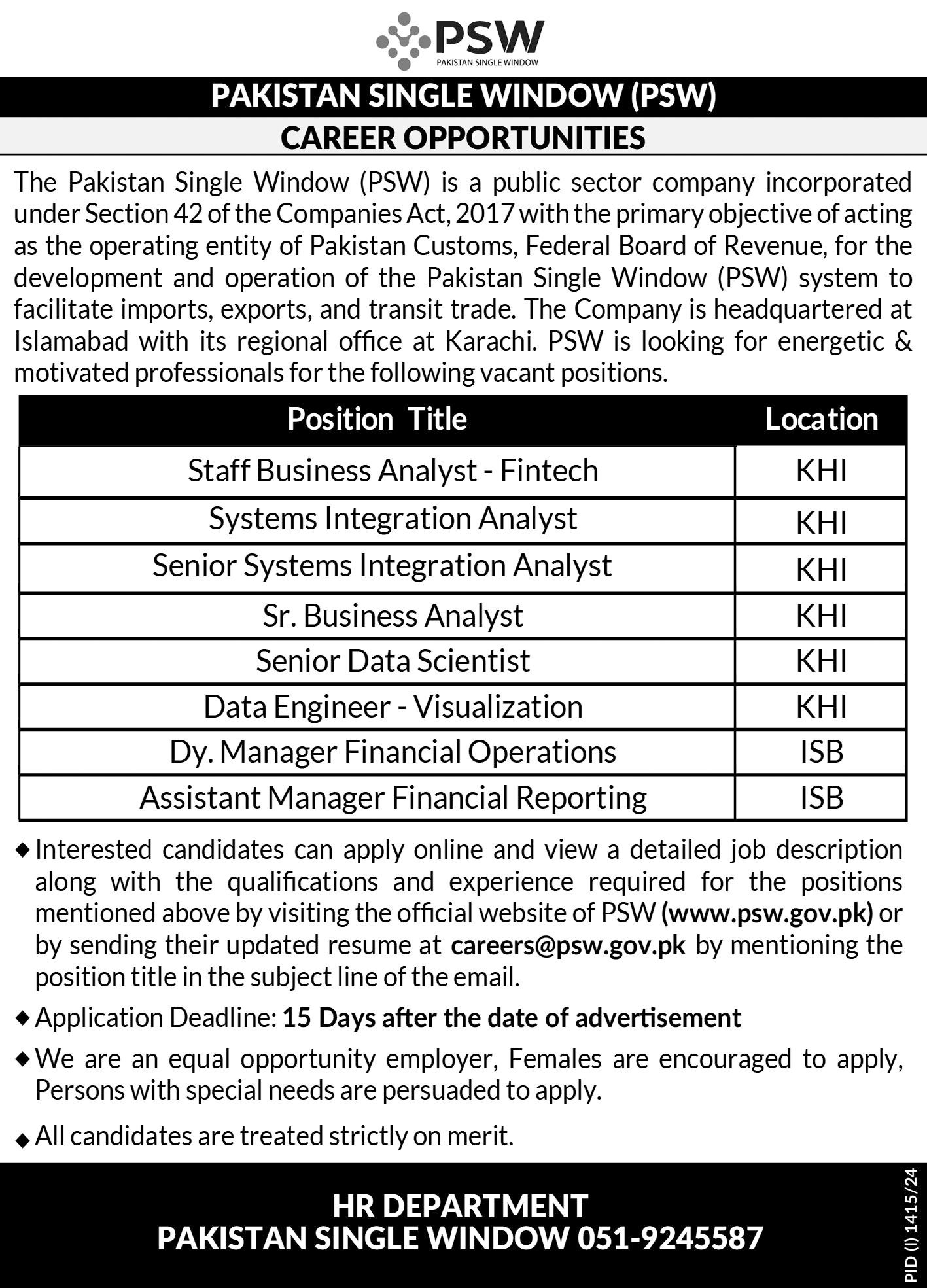 Pakistan Single Window PSW Karachi Jobs 2024 Jobs 2024 — original advertisement