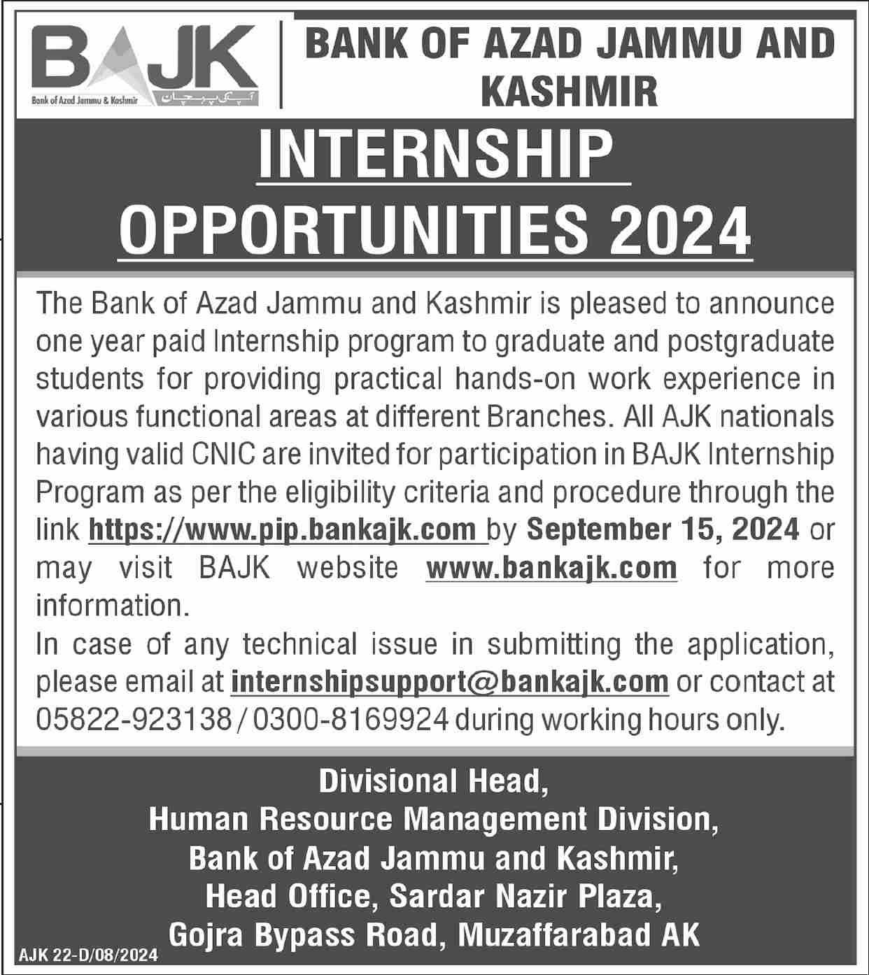Internship Opportunities At Bank Of Azad Jammu & Kashmir Jobs 2024 — original advertisement
