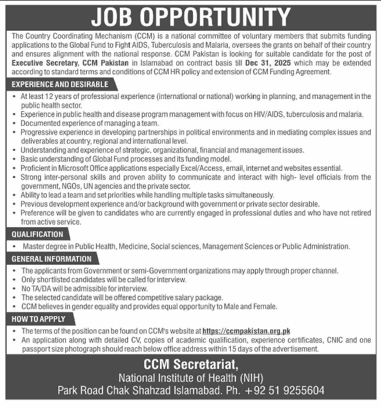 National Institute Of Health NIH Islamabad Jobs 2024 – National Institute of Health and Management Sciences Jobs 2024 — original advertisement