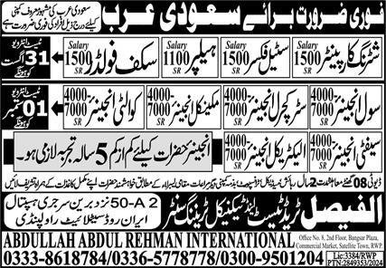 Quality Engineer & Structural Engineer Jobs 2024 – Al Faisal Trade Test & Technical Training Center Jobs 2024 — original advertisement