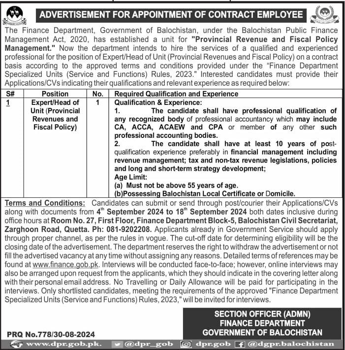 Finance Department Balochistan Jobs 2024 Jobs 2024 — original advertisement