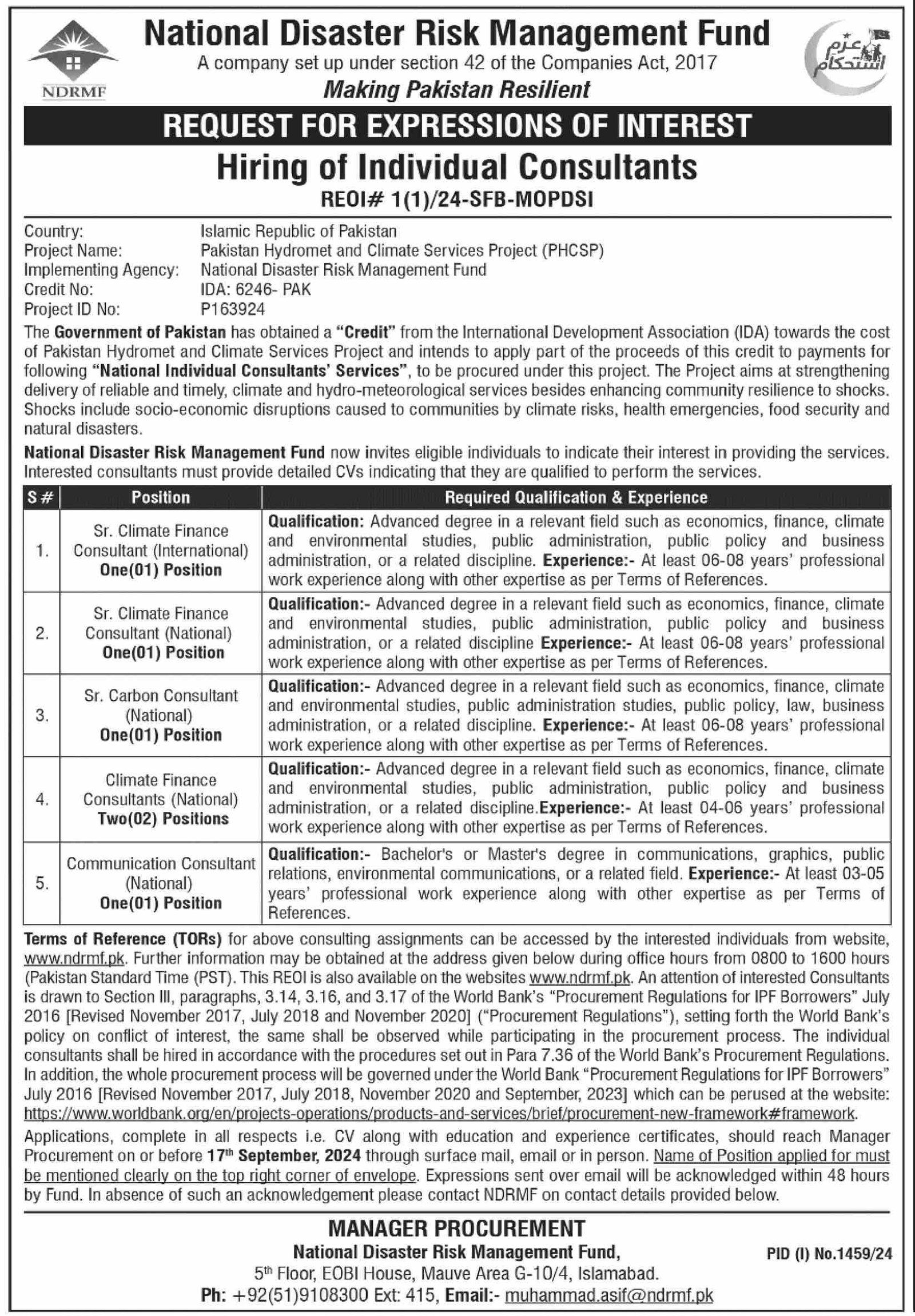 National Disaster Risk Management Fund Islamabad Jobs 2024 – National Disaster & Risk Management Fund Jobs 2024 — original advertisement