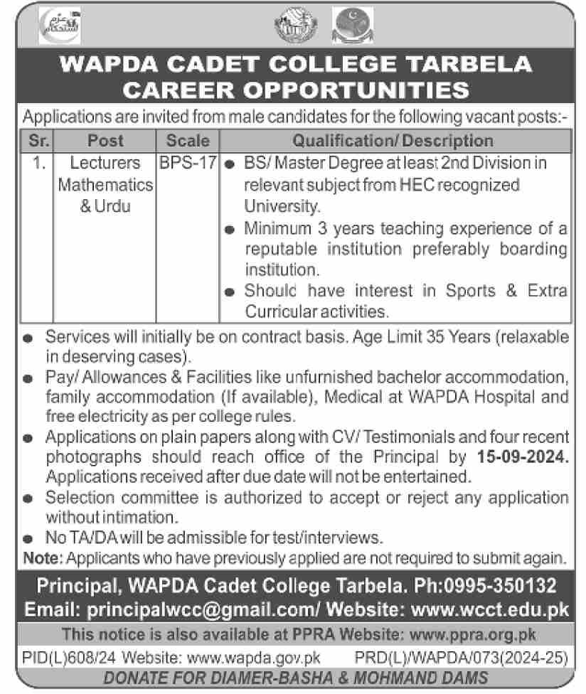 Wapda Cadet College Tarbela Jobs  2024 Jobs 2024 — original advertisement