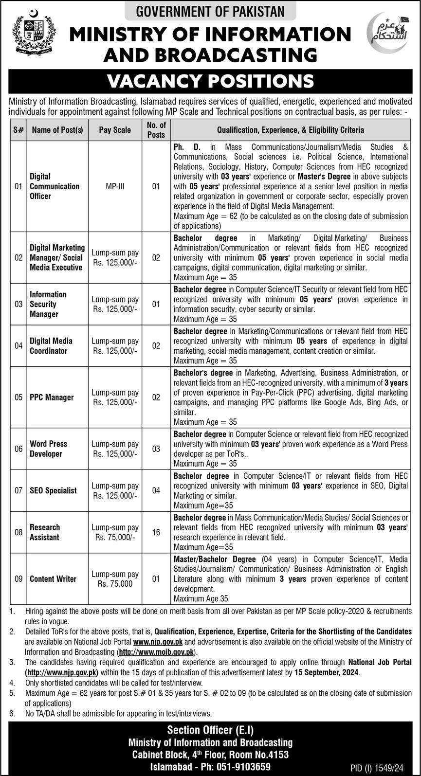 Ministry Of Information And Broadcasting Jobs 2024 – Ministry of Information & Broadcasting Pakistan Jobs 2024 — original advertisement