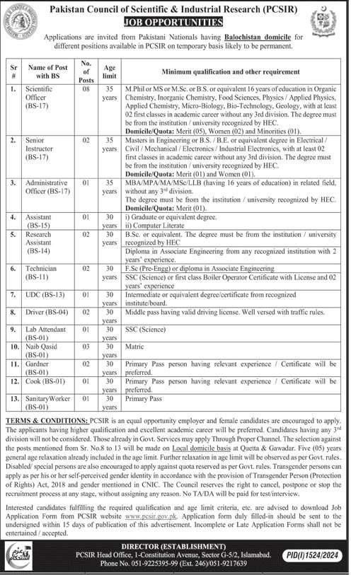 Pakistan Council Of Scientific & Industrial Research Jobs – Pakistan Council of Scientific and Industrial Research Jobs 2024 — original advertisement