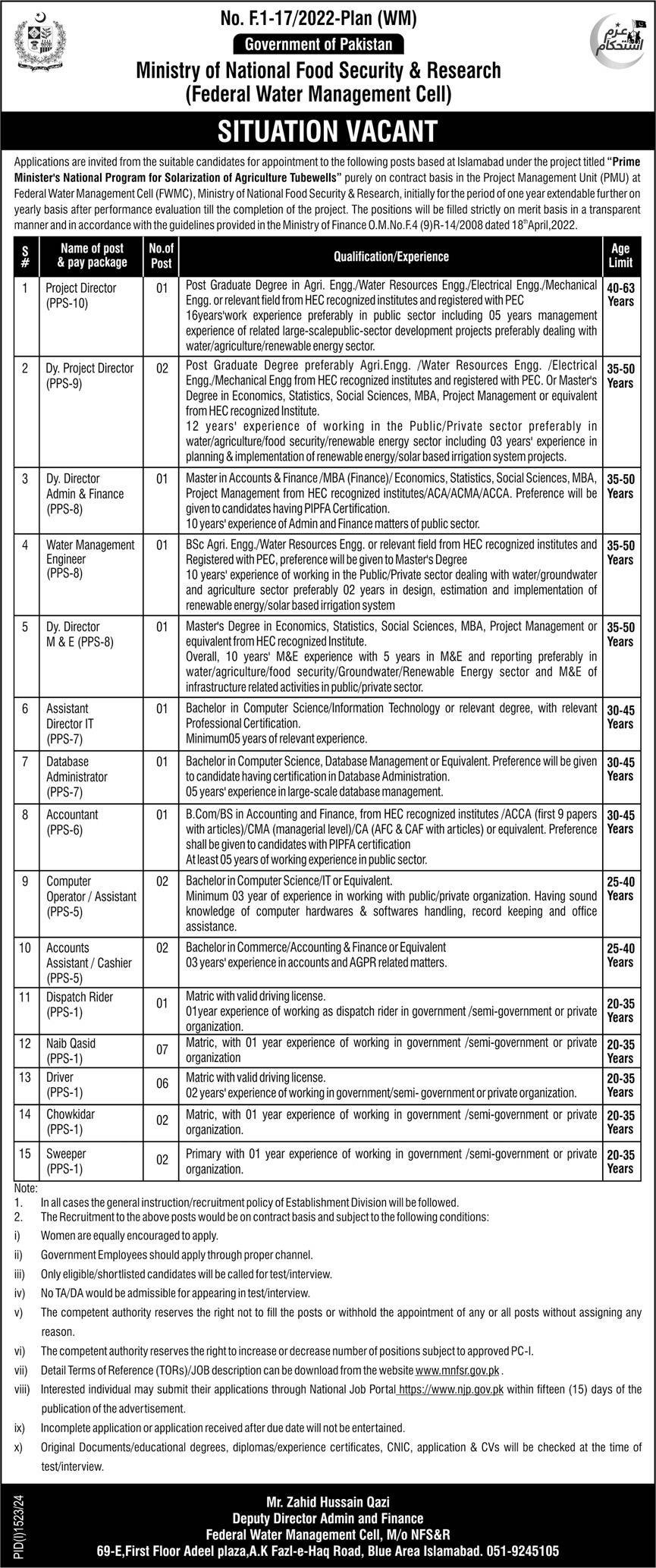 Ministry Of National Food Security Islamabad Jobs 2024 – Ministry of National Food Security & Research Jobs 2024 — original advertisement