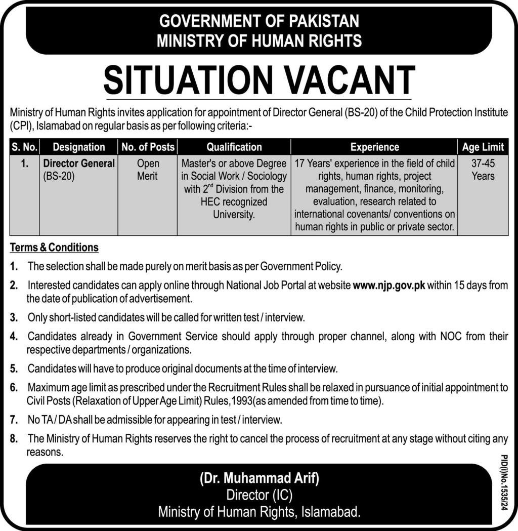 Ministry of Human Rights Islamabad Jobs 2024 Jobs 2024 — original advertisement