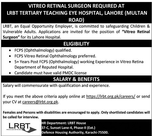 LRBT Tertiary Teaching Eye Hospital Karachi Job 2024 – LRBT Tertiary Eye Teaching  Hospital Jobs 2024 — original advertisement