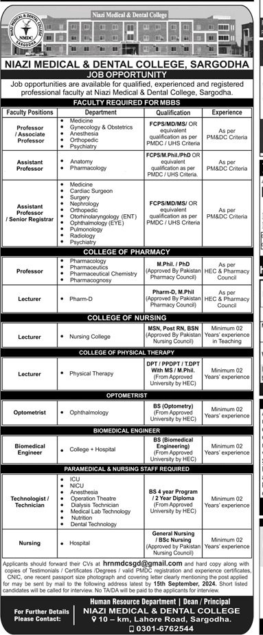 Niazi Medical & Dental College Sargodha Jobs 2024 – Niazi Medical and Dental College Sargodha Jobs 2024 — original advertisement