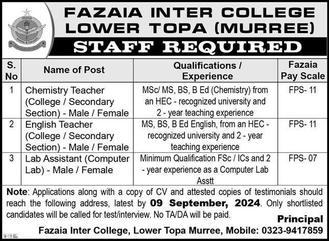 Fazaia Inter College Lower Topa Murre Jobs 2024 – Fazaia Schools & Colleges Jobs 2024 — original advertisement