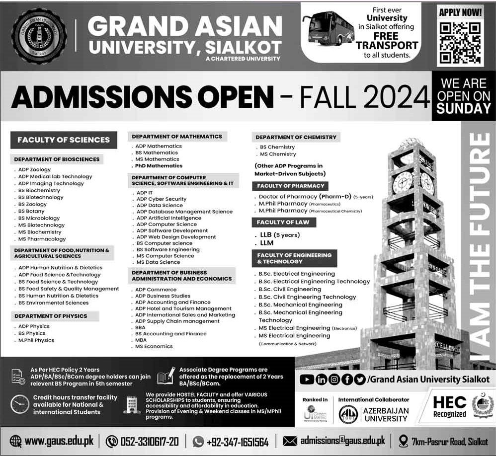 Admission Open in Grand Asian University Sialkot 2024 Admissions 2024 — original advertisement