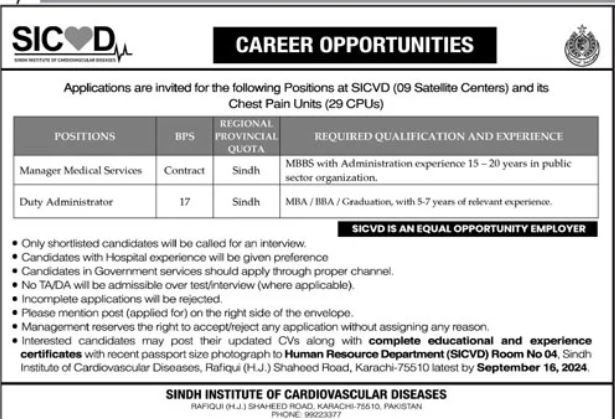 Sindh Institute of Cardiovascular Diseases Sindh Jobs 2024 – Sindh Institute of Child Health and Neonatology Jobs 2024 — original advertisement