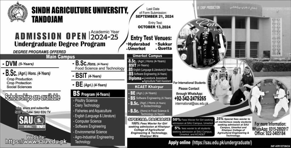 Admission Open in Sindh Agriculture University Tandojam 2024 Admissions 2024 — original advertisement