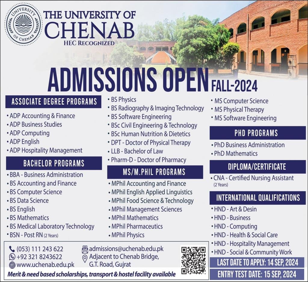 Admission Open in University of Chenab 2024 Admissions 2024 — original advertisement