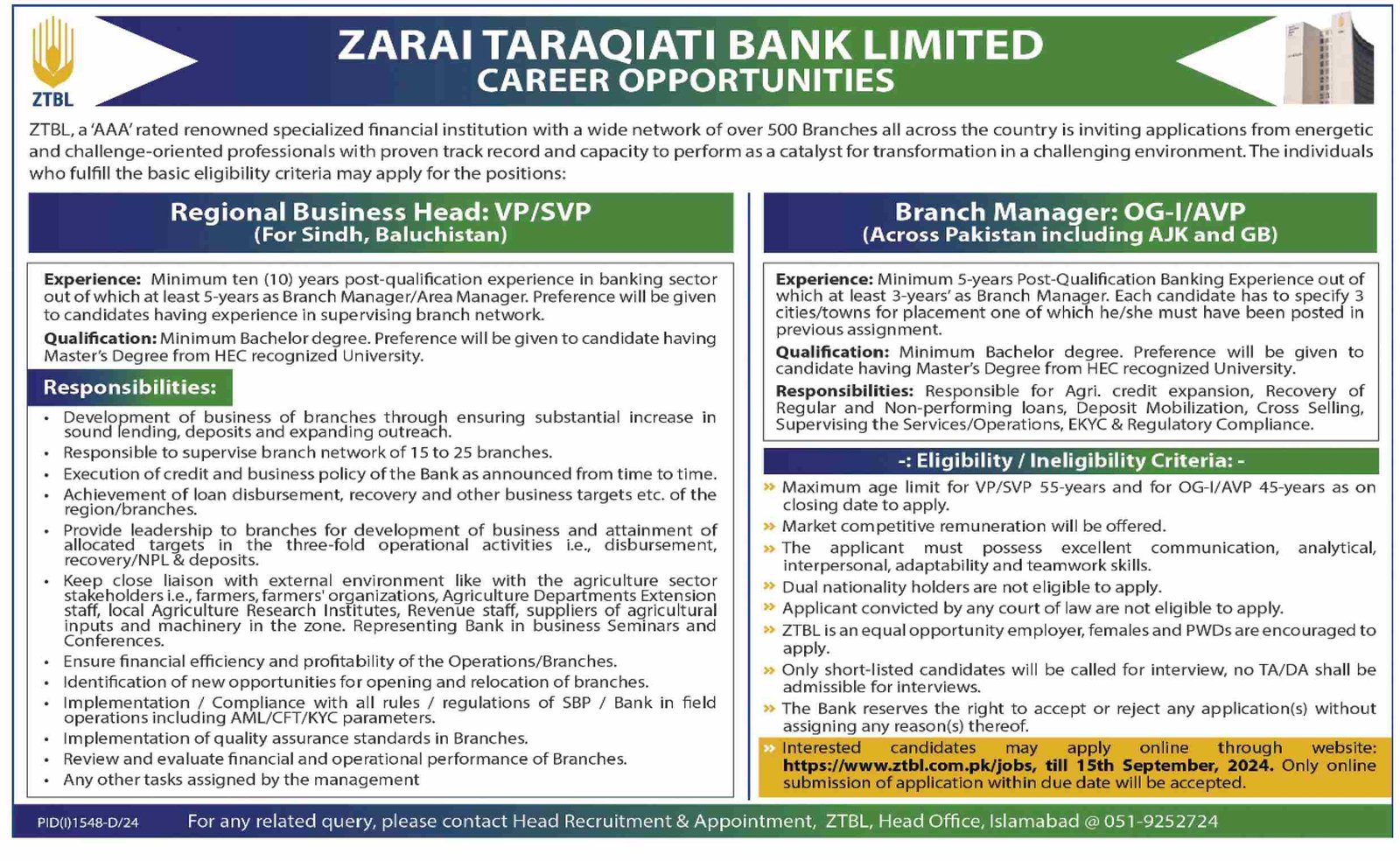 Zarai Taraqiati Bank Limited ZTBL Islamabad Jobs 2024 Jobs 2024 — original advertisement