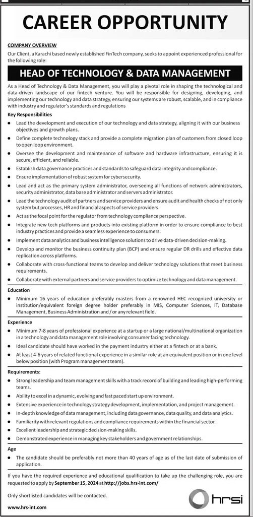 Human Resource Solution International HRSI Jobs 2024 – HRSG People and Business karachi Jobs 2024 — original advertisement
