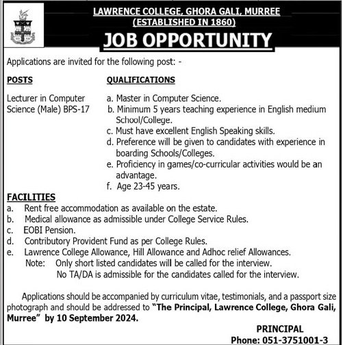 Lawrence College Ghora Gali Murree Jobs 2024 Jobs 2024 — original advertisement