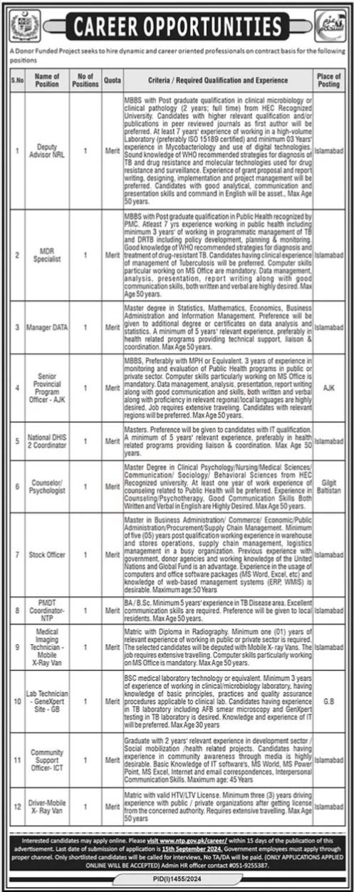 National TB Control Program NTP Islamabad Jobs 2024 – Public Sector Organization Jobs 2024 — original advertisement