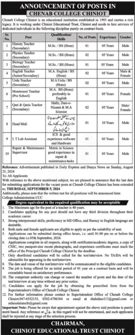 Chenab College Chiniot Jobs 2024 Jobs 2024 — original advertisement