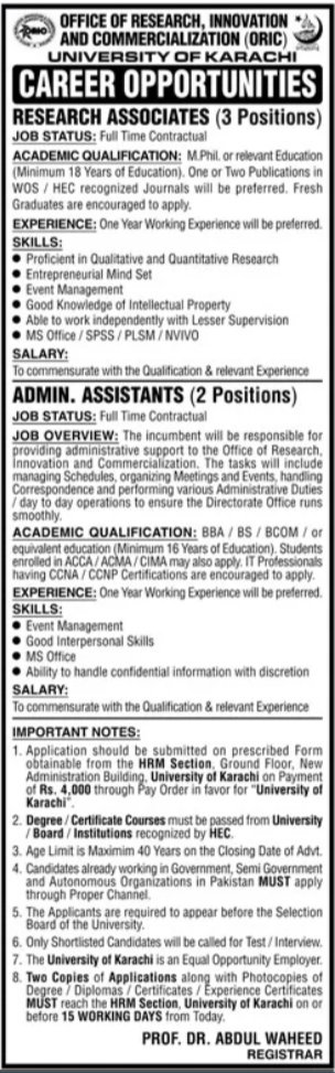 University Of Karachi Jobs 2024 Jobs 2024 — original advertisement