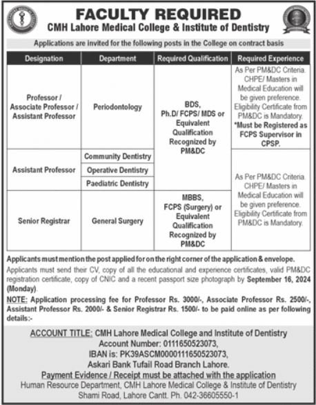 CMH Lahore Medical College Lahore Punjab Jobs 2024 – Combined Military Hospital CMH Jobs 2024 — original advertisement