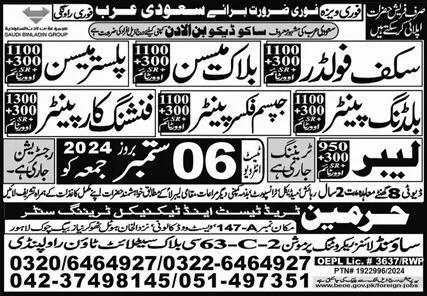 Gypsum Fixer Painter & Finishing Carpenter Jobs 2024 – Harmain Trade Test & Technical Training Center Jobs 2024 — original advertisement