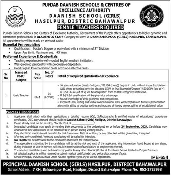 Daanish School Girls Hasilpur Punjab Jobs 2024 – Punjab Daanish School Jobs 2024 — original advertisement
