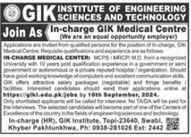 GIK Institute Of Engineering GIKI Swabi Jobs 2024 – Ghulam Ishaq Khan GIK Institute of Engineering Sciences and Technology Swabi Jobs 2024 — original advertisement