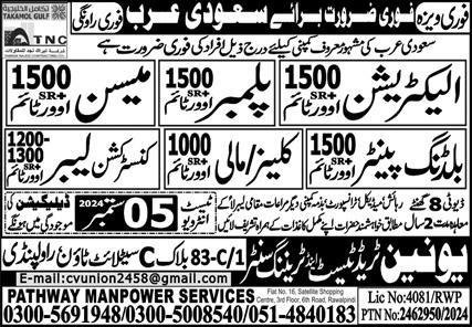 Electrician & Mali Jobs 2024 In Saudi Arabia – Union Trade Test and Training Center Jobs 2024 — original advertisement