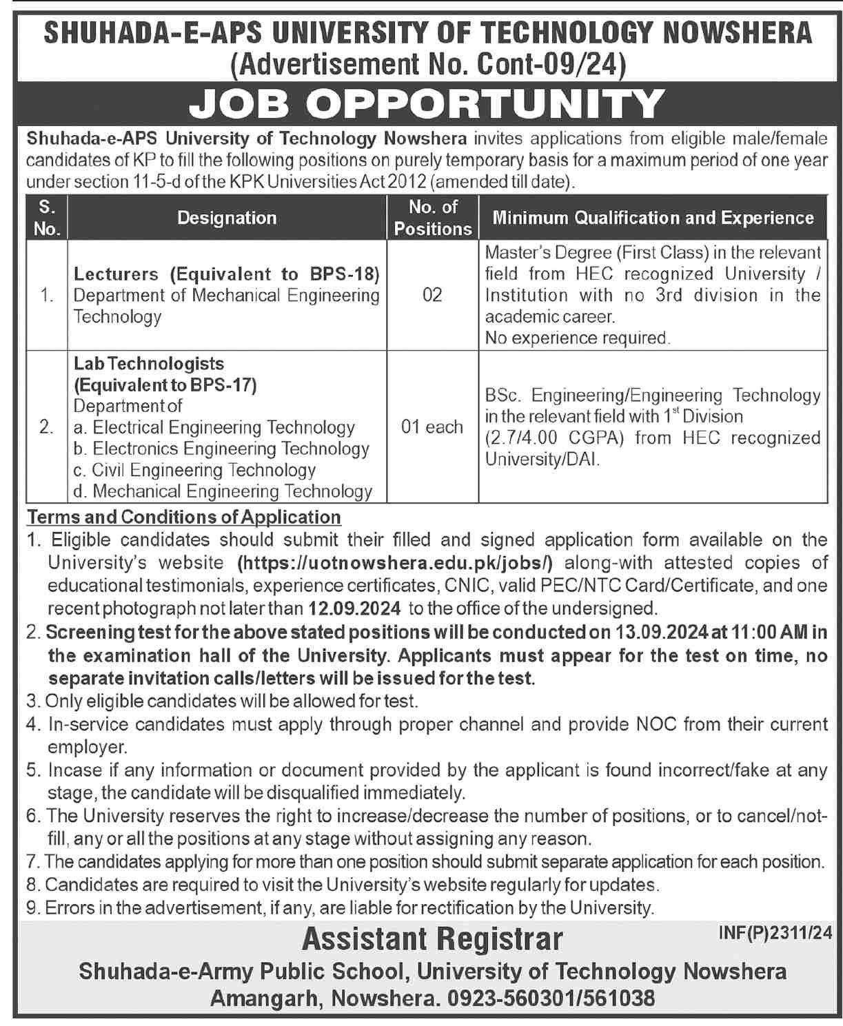 Shuhada E APS University Of Technology Nowshera Jobs 2024 Jobs 2024 — original advertisement