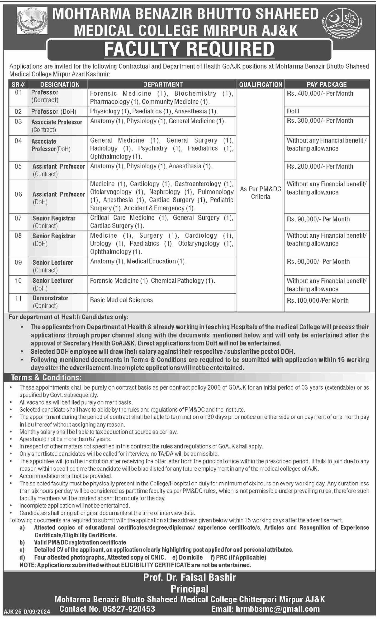 Mohtarma Benazir Bhutto Shaheed Medical College Jobs 2024 – Mohtarma Benazir Bhutto Shaheed Medical College, Mirpur AJK Jobs 2024 — original advertisement