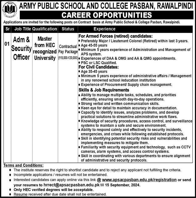 Army Public School & College Rawalpindi Job 2024 – Army Public School & College Paksitan Jobs 2024 — original advertisement