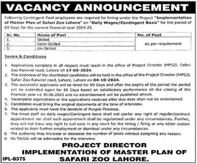 Punjab Wildlife & Parks Department Lahore Jobs 2024 – Forest Wildlife & Fishries Department Punjab Jobs 2024 — original advertisement