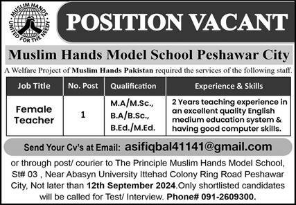 Muslim Hands Model School Peshawar Jobs 2024 Jobs 2024 — original advertisement