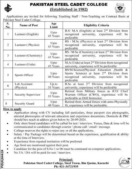Pakistan Steel Cadet College Karachi Jobs 2024 Jobs 2024 — original advertisement
