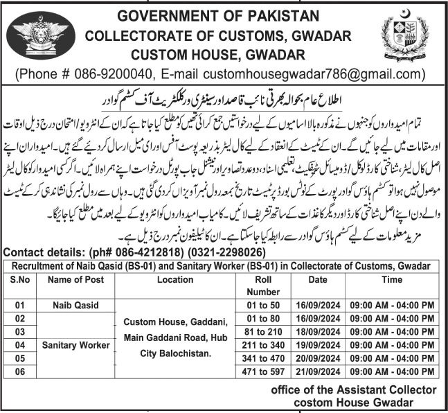 Collectorate Of Customs Gwadar Balochistan Jobs 2024 Jobs 2024 — original advertisement