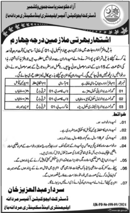 Elementary and Secondary Education Department Bagh Jobs 2024 – Elementary & Secondary Education AJK Jobs 2024 — original advertisement