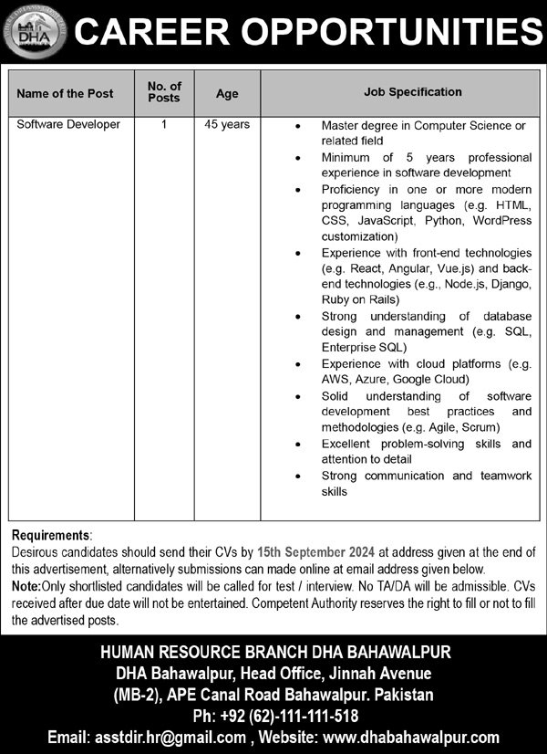Defence Housing Authority DHA Bahawalpur Jobs 2024 Jobs 2024 — original advertisement