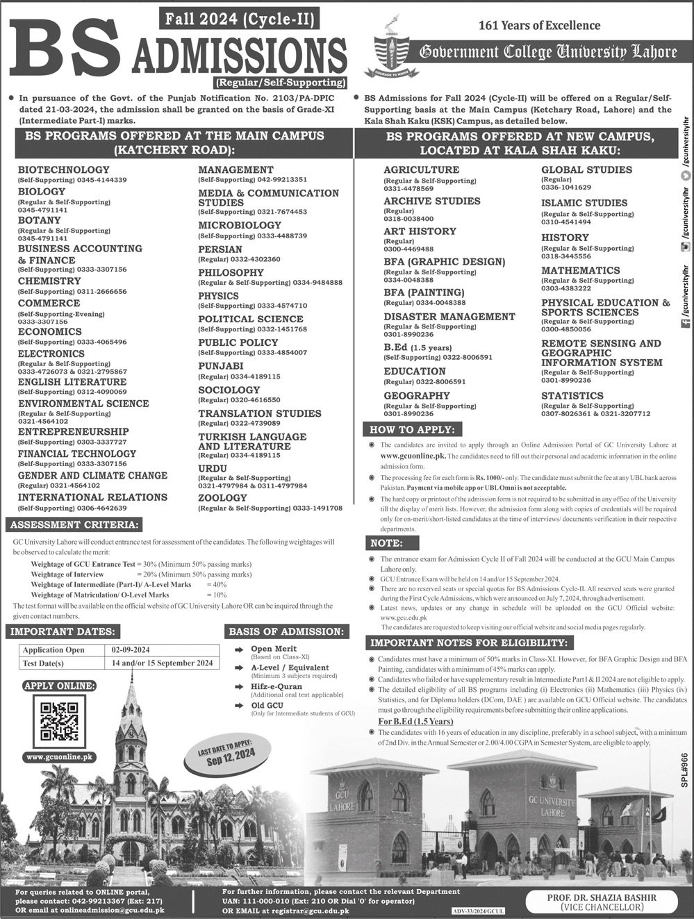 Admission Open in Government College University Lahore 2024 Admissions 2024 — original advertisement