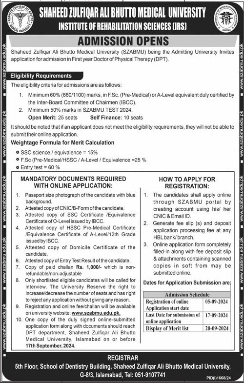 Admission Open in Shaheed Zulifiqar Ali Bhutto Medical 2024 – Shaheed Zulfiqar Ali Bhutto Medical University Islamabad Admissions 2024 — original advertisement